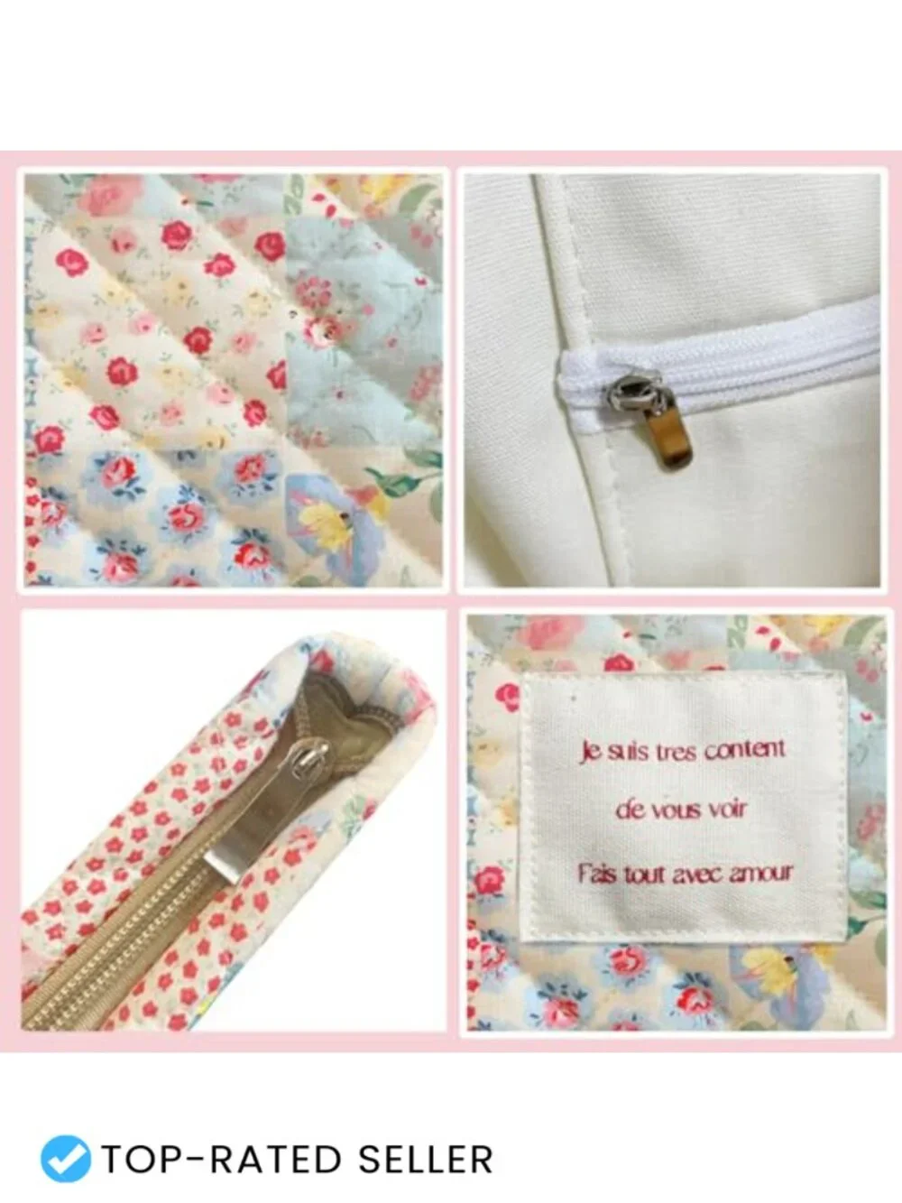 Quilted Floral Tote Bag with Zipper Closure for Women